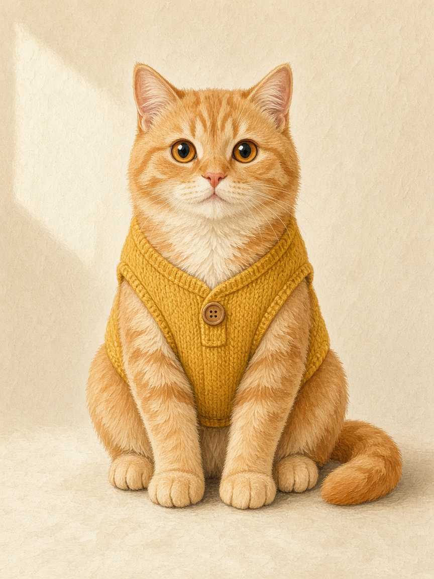 Crumple sitting upright in a mustard vest, with two front paws and two hind paws.