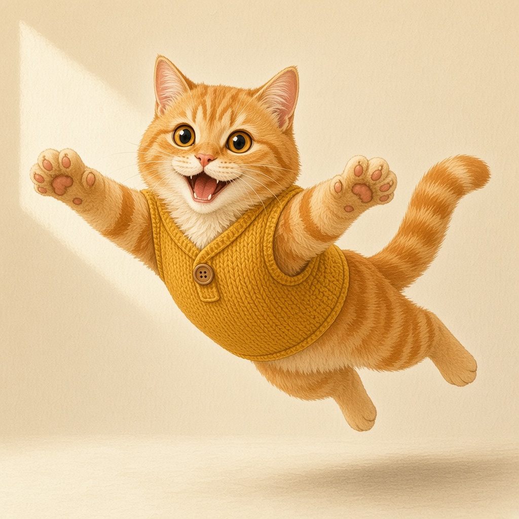 Crumple frozen mid-pounce, vest flapping, delighted.