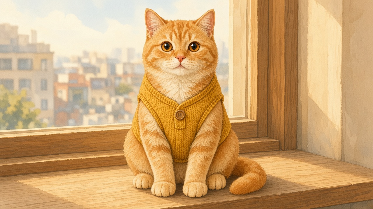 Crumple sits on a sunny windowsill, four paws on the wood.