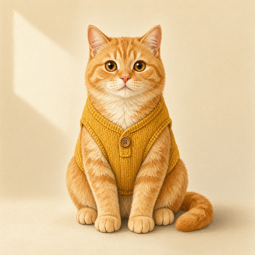 Close portrait of Crumple, amber eyes wide, mustard vest buttoned crooked.